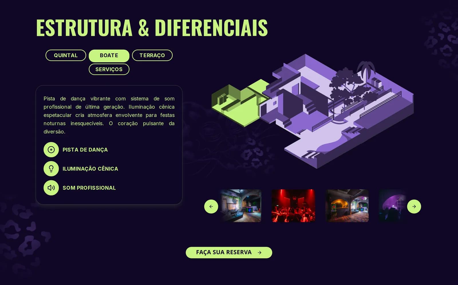 Facilities section of the A Selva Eventos website, with the club room tab open, the space's description, a map of the venue and photos