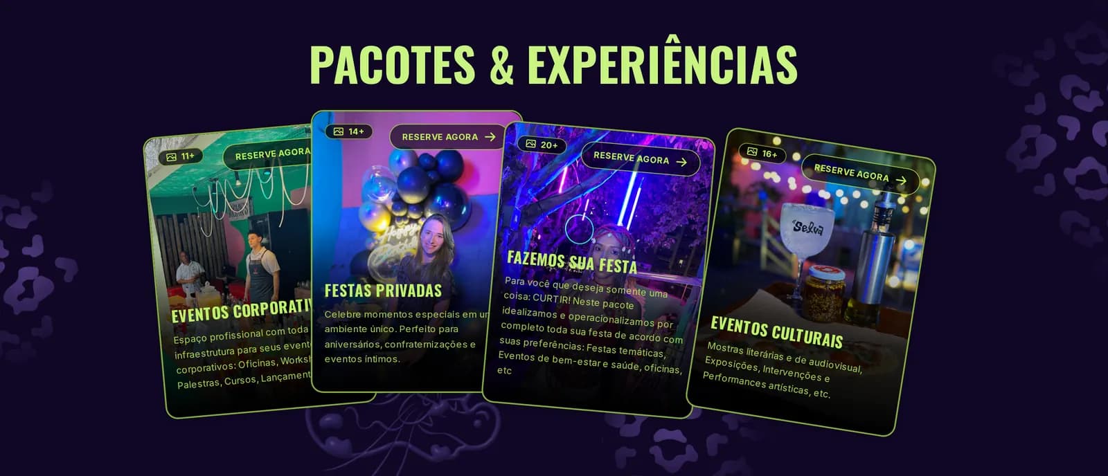 Packages section of the A Selva Eventos website, with a photo card for each kind of event