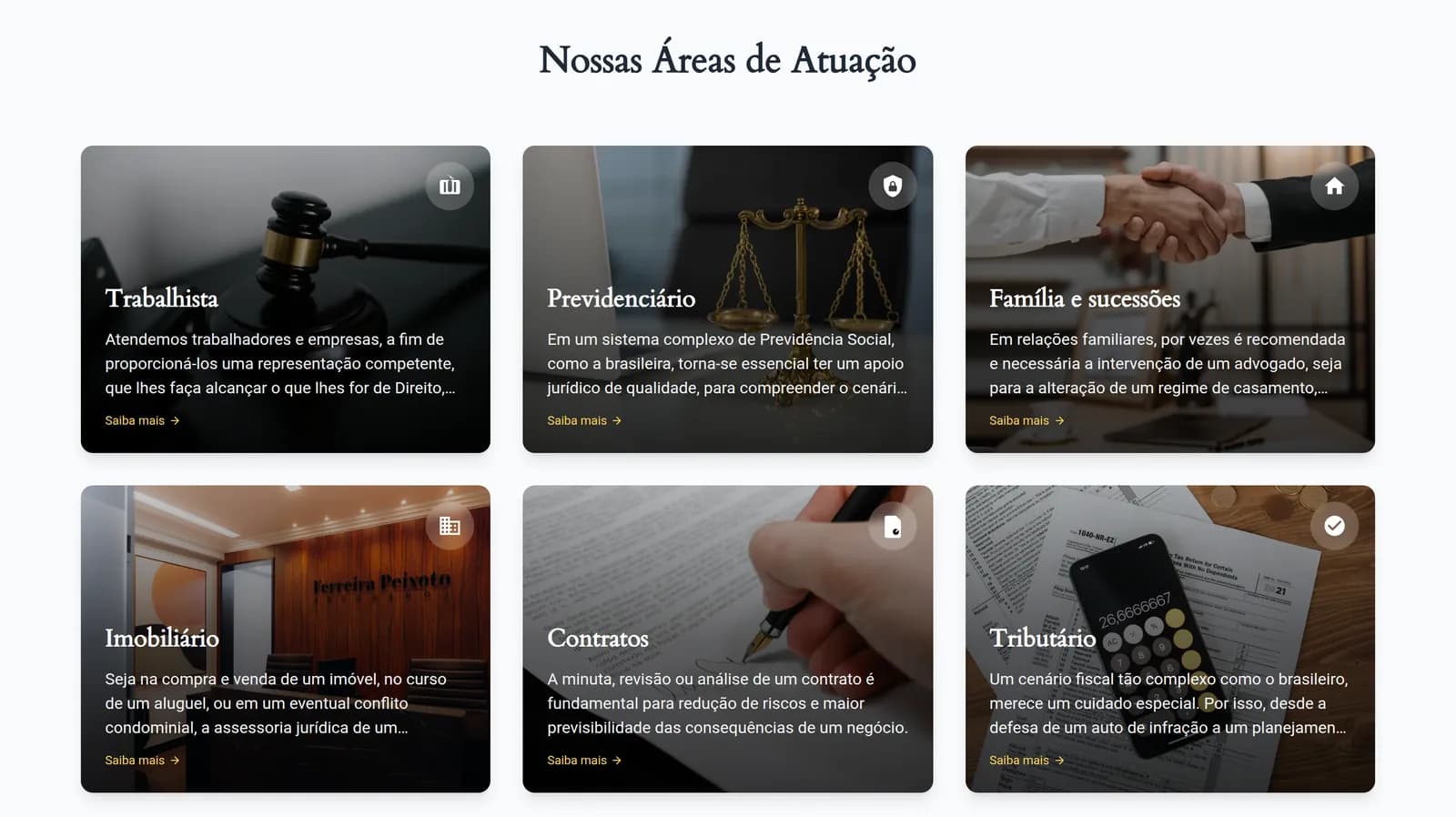 Seção de áreas de atuação no site de Ferreira Peixoto Advogados, com cartões de Trabalhista, Previdenciário, Família e sucessões, Imobiliário, Contratos e Tributário