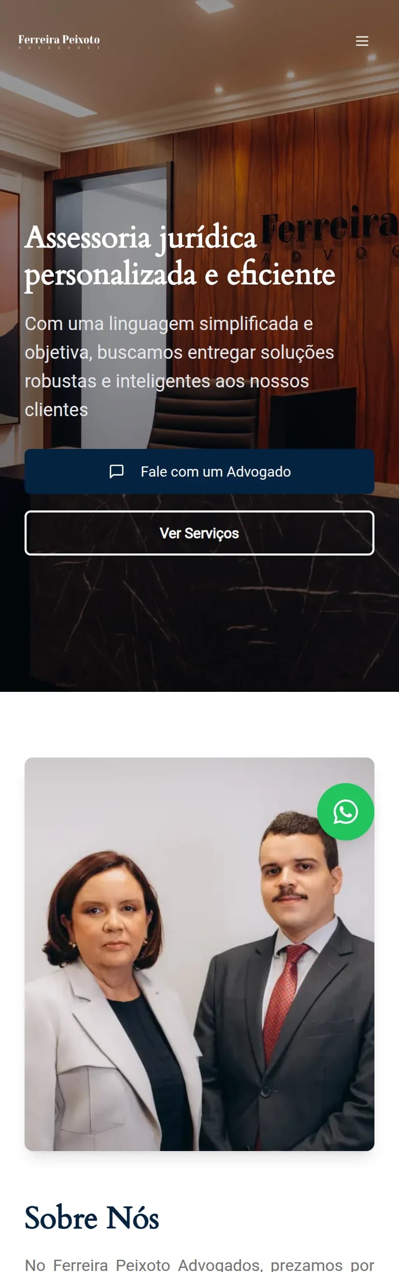 Página inicial do site de Ferreira Peixoto Advogados no celular