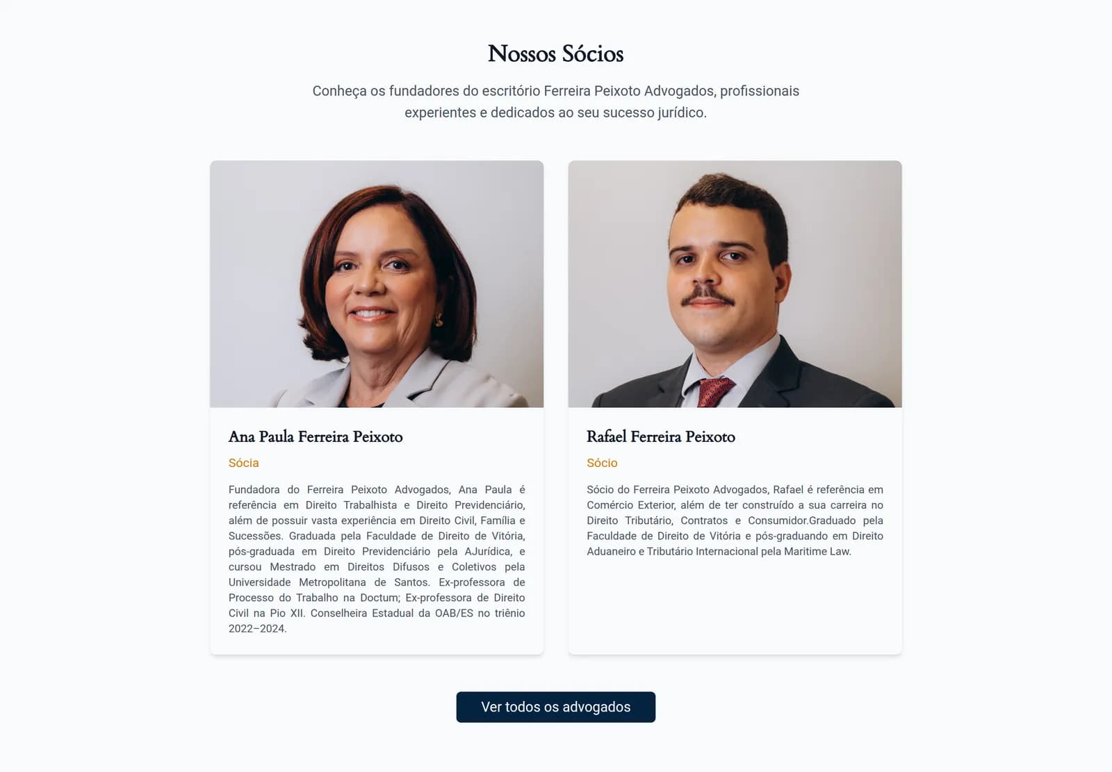 Seção dos sócios no site de Ferreira Peixoto Advogados, com a foto e a apresentação de cada um