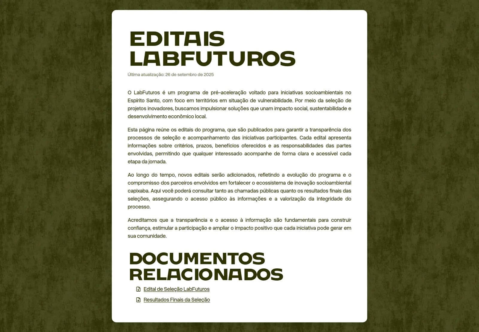Open calls page of the Lab Futuros website, with the programme text and the selection documents