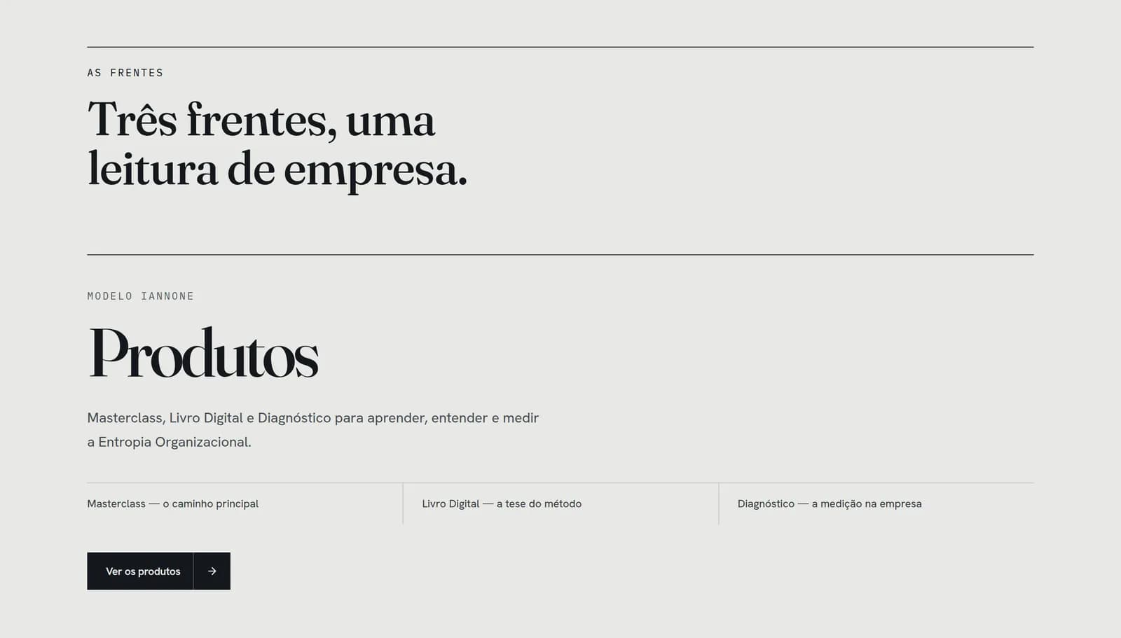 Section of Leonardo Iannone's website on his three lines of work, starting with the method's products